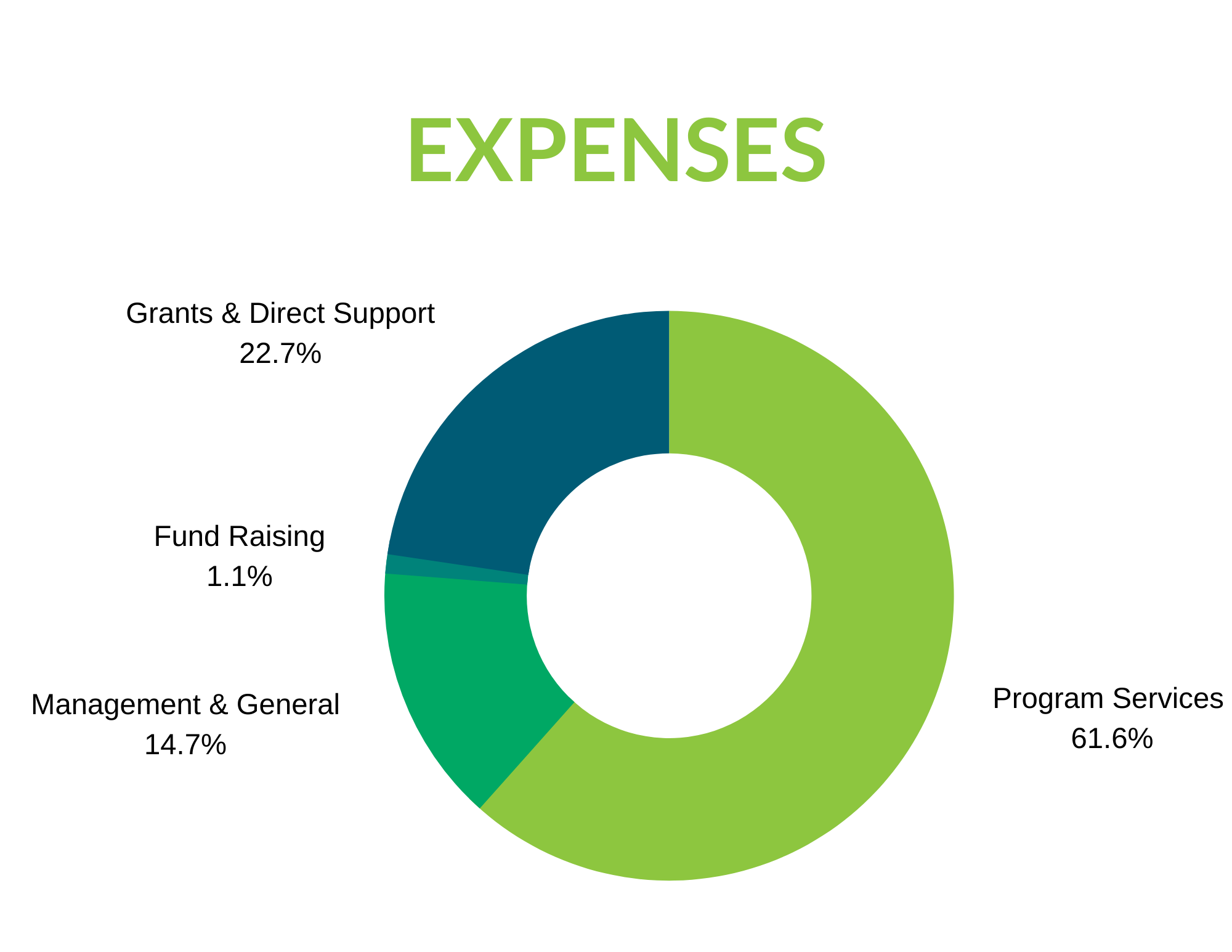 Expenses: Grants and Direct Sport 22.7%. Fund Raising 1.1%. Management and General 14.7%. Program Services 616%