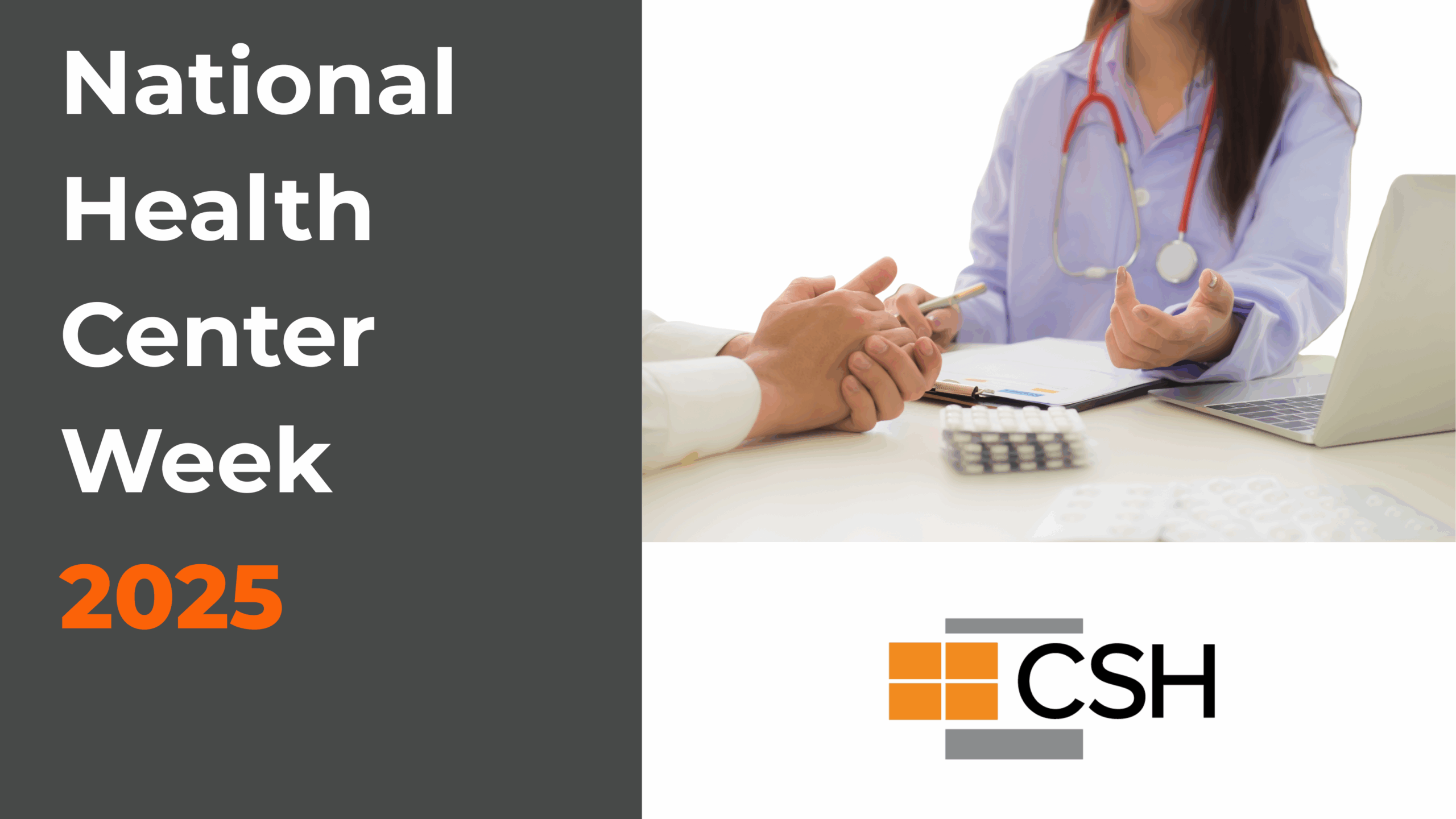 a graphic that states national health center week 2025, with a photo of a medical worker