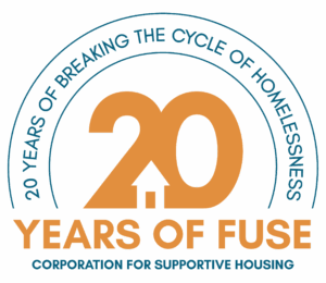 Logo for FUSE 20th Anniversary, Text: 20 years of FUSE. 20 Years of Breaking the Cycle of Homelessness.